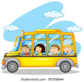 Children riding on yellow bus illustration