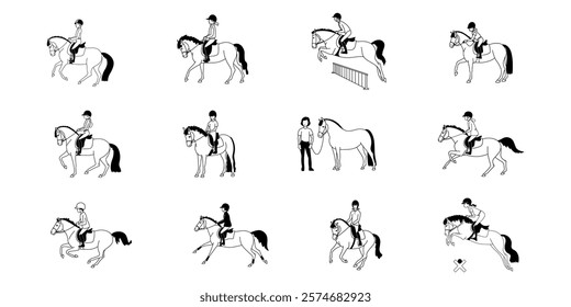 Children riding ponies illustrated with various equestrian activities such as jumping, trotting, and walking