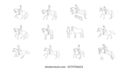 Children riding ponies illustrated in various equestrian activities such as jumping, trotting, and walking, demonstrating proper riding techniques