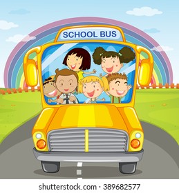 Children riding in the school bus illustration