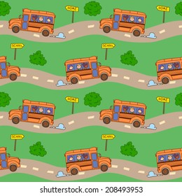 Children riding school bus. Vector seamless pattern.