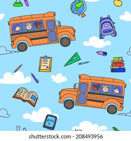 Children riding school bus. Vector seamless pattern.