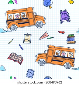 Children riding school bus. Vector seamless pattern.