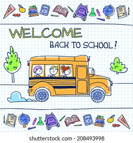 Children riding school bus. Vector illustration. 