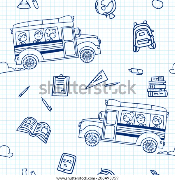 Children\
riding school bus. Vector seamless\
pattern.