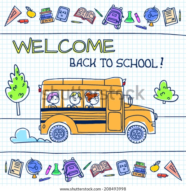 Children riding\
school bus. Vector illustration.\
