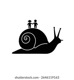 Children riding snail shell slow journey adventure.