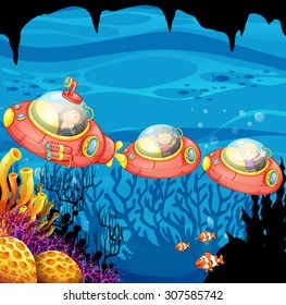 Children riding submarine underwater illustration