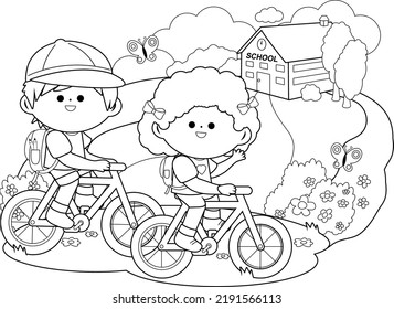 Children riding their bicycles to school. Vector black and white coloring page