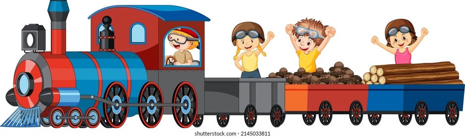 Children Riding Train With Lumber Illustration