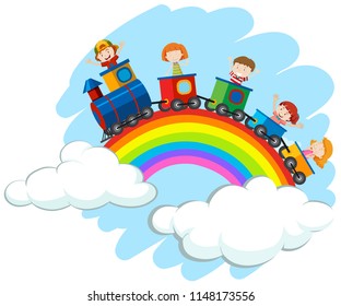 Children riding train over the rainbow illustration