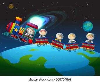 Children riding train in space illustration