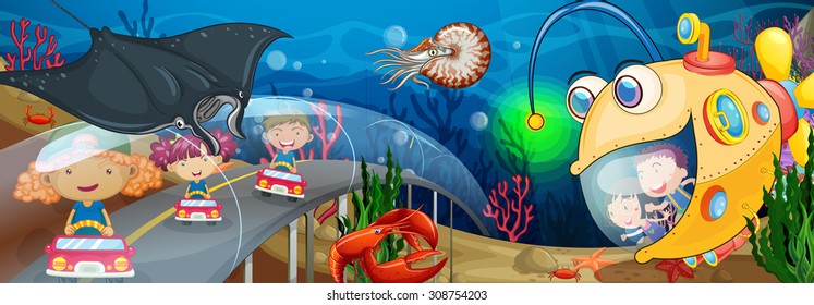 Children riding in tunnel underwater illustration