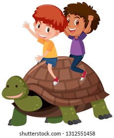 Children riding a turtle illustration