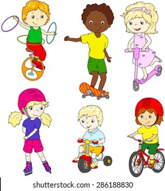 Children riding unicycle, bicycle and scooter, rollerblading and skateboarding. Vector illustration