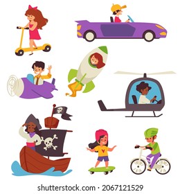 Children riding various city and toy vehicle, flat cartoon vector illustration isolated on white background. Set of kids characters little drivers and pilots, sailors.