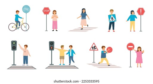 Children road rules set of isolated compositions with doodle characters of kids traffic signs and crosswalks vector illustration