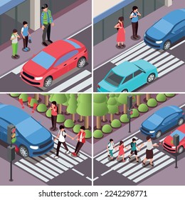 Children road safety rules 2x2 set of square compositions with isometric views of passing urban crosswalks vector illustration