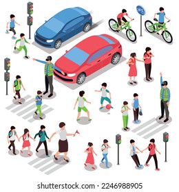 Children road safety rules set with isometric human characters walking riding bicycles with cars and policeman vector illustration