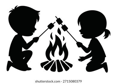 Crianças assando marshmallows sobre campfire vetor
