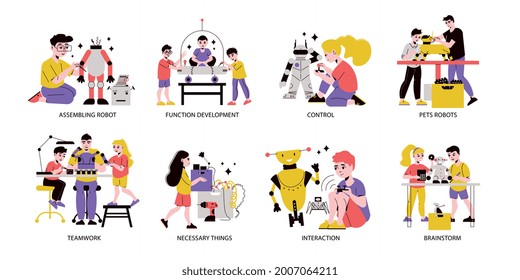 Children and robot isolated compositions demonstrated brainstorm assembling and interaction of kids with toys flat vector illustration