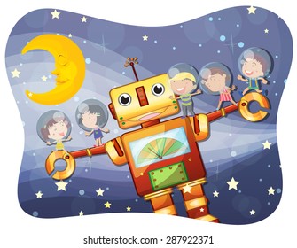 Children and robot at night time