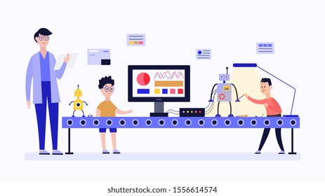 Children in robotic lab building a robot - cartoon kids and teacher working on engineering project at science laboratory. Flat isolated vector illustration on white background