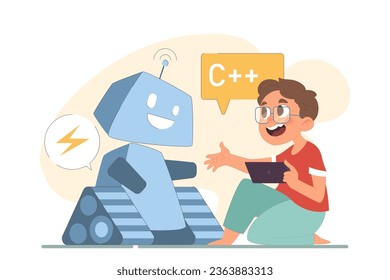 Children robotics educational course at school. Little boy learning robot programming and engineering. Flat vector illustration