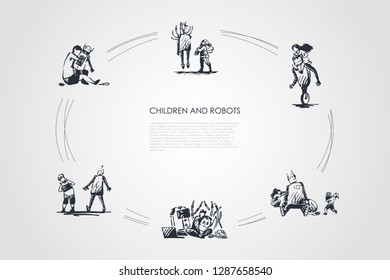 Children and robots - boys and girls making and playing with robots vector concept set. Hand drawn sketch isolated illustration