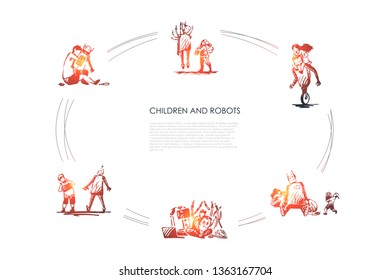 Children and robots - boys and girls making and playing with robots vector concept set. Hand drawn sketch isolated illustration