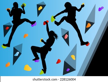 Children Rock Climber Sport Athletes Climbing Wall In Abstract Silhouettes Background Illustration Vector