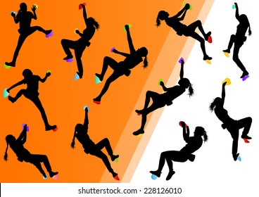 Children rock climber sport athletes climbing wall in abstract silhouettes background illustration vector