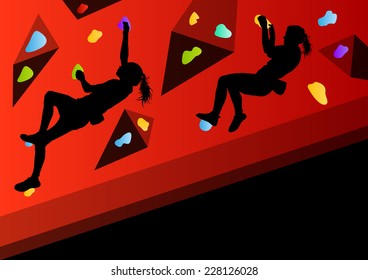 Children rock climber sport athletes climbing wall in abstract silhouettes background illustration vector