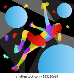 Children rock climber sport girl athletes climbing wall in abstract silhouettes background illustration vector