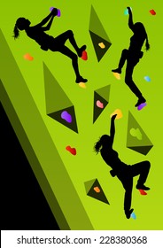 Children rock climbers in abstract wall climbing silhouette background illustration vector