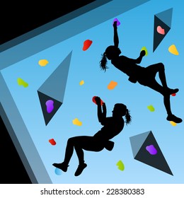 Children rock climbers in abstract wall climbing silhouette background illustration vector