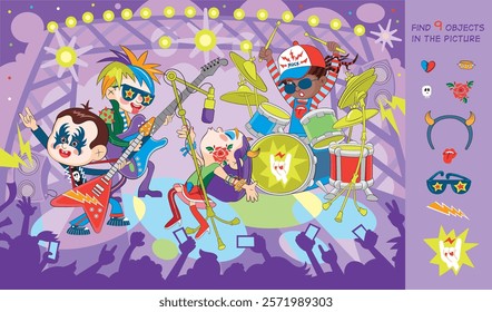 Children rock musicians on stage! Find 9 objects in the picture. Educational game for children. Cartoon vector illustration