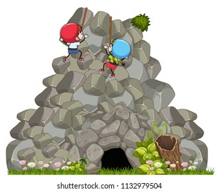 Children rockclimbing a big rock illustration