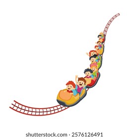 Children at roller coaster in flat design. Kids enjoying railway attraction. Vector illustration isolated.