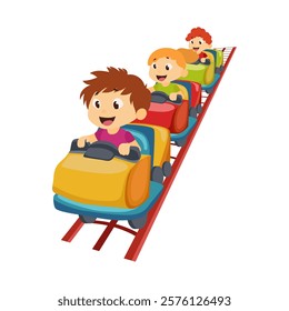 Children at roller coaster in flat design. Laughing kids enjoying attraction. Vector illustration isolated.