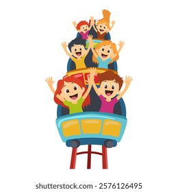 Children at roller coaster in flat design. Girls and boys riding at attraction. Vector illustration isolated.