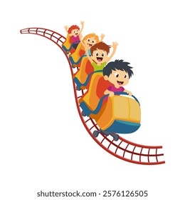 Children at roller coaster in flat design. Kids riding at extreme attraction. Vector illustration isolated.