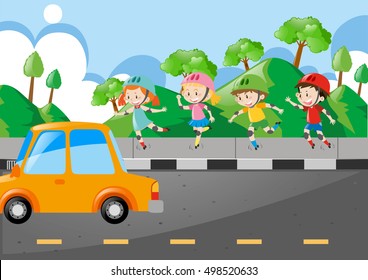 Children rollerskate on the pavement illustration
