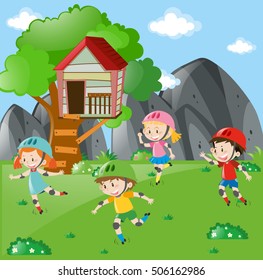 Children rollerskating in the garden illustration