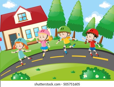 Children rollerskating in the neighborhood illustration