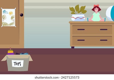 Habitación de los niños después de la limpieza. Habitación de niños vacía con imagen en la puerta, muñeca y maceta en el armario, juguetes en la caja. Interior del hogar después del servicio de limpieza ilustración vectorial