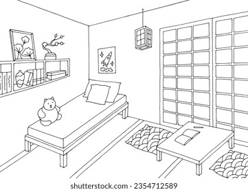 Children room asia style graphic black white home interior sketch illustration vector