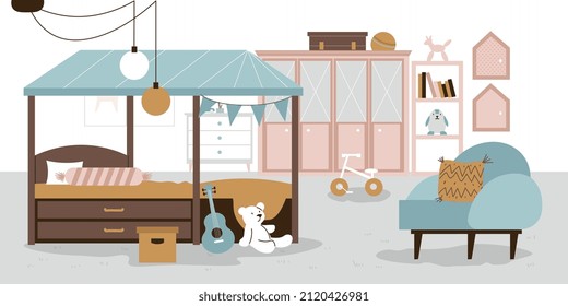 Composición de habitación infantil con vista interior del apartamento con almohadas de sillón cama con techo y juguetes ilustración vectorial