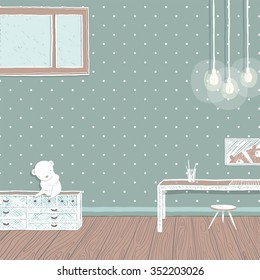 Children room dark with bulbs background design. Bedroom for kid, childhood and furniture, teddy bear and interior. Empty wall for your design. vector illustration.