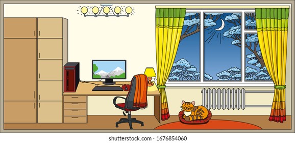 habitación infantil decorativa vectorial interior noche de invierno
